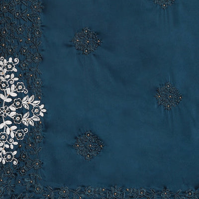 Blue Floral Embroidered Satin Saree