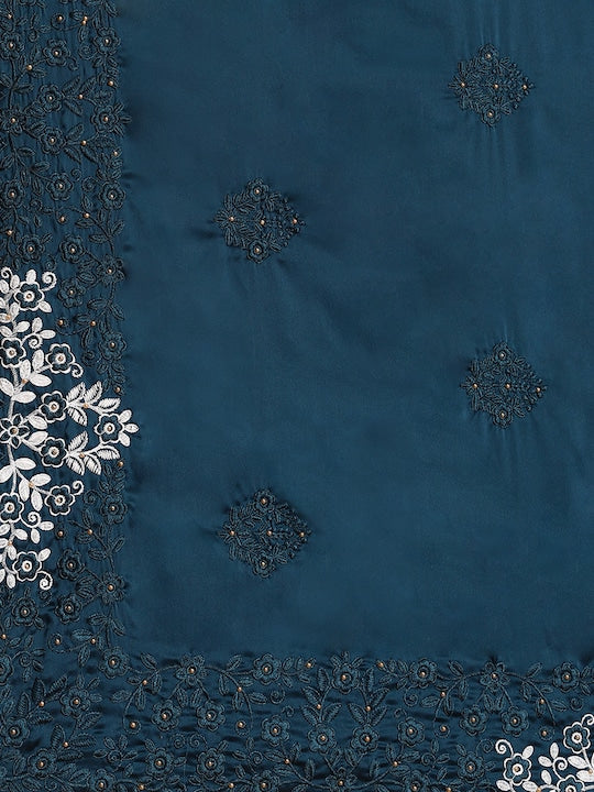 Blue Floral Embroidered Satin Saree