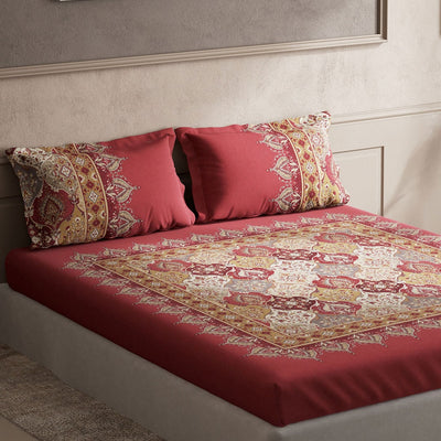 DDecor Red & White Ethnic Motifs Cotton 140 TC King Bedsheet with 2 Pillow Covers