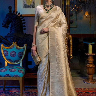 Cream-Coloured & Gold-Toned Ethnic Motifs Zari Silk Blend Kanjeevaram Saree