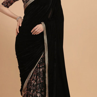 Black Floral Gotta Patti Velvet Saree