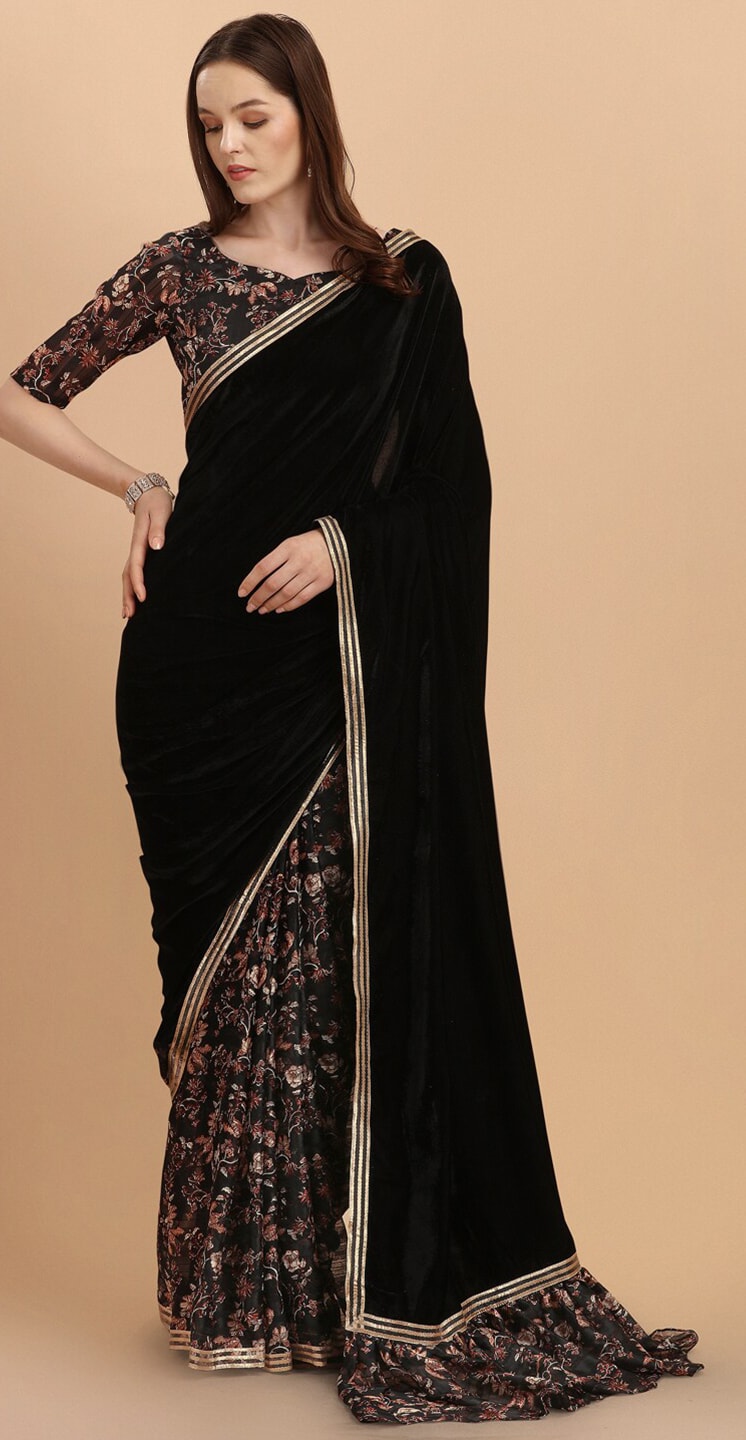 Black Floral Gotta Patti Velvet Saree