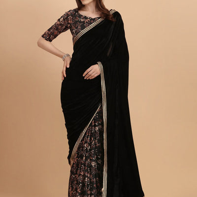 Black Floral Gotta Patti Velvet Saree