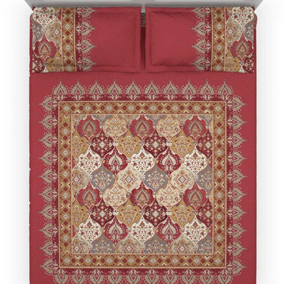 DDecor Red & White Ethnic Motifs Cotton 140 TC King Bedsheet with 2 Pillow Covers