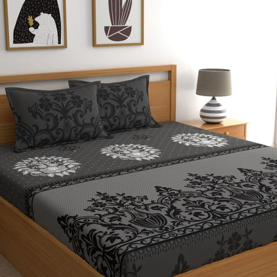 Dreamscape Grey & White Ethnic Motifs 144 TC Queen Bedsheet with 2 Pillow Covers