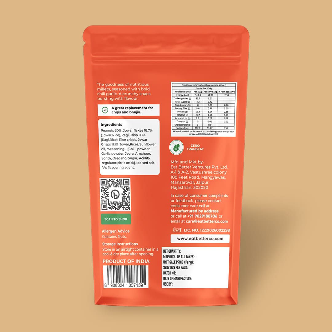 Eat Better Co Millet Namkeen - Chilli Garlic - 4 Packets (4 x 100 grams) - 400 gms