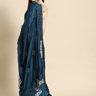 Blue Floral Embroidered Satin Saree