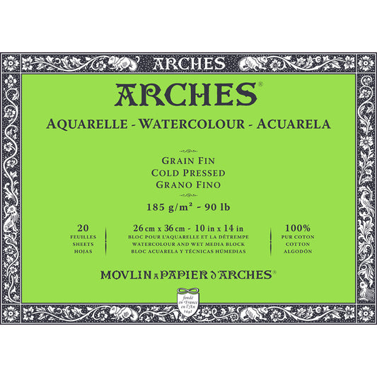 Arches Watercolour 185 Gsm Cold Pressed Natural White 26Cm X 36Cm Paper Blocks - 20 Sheets