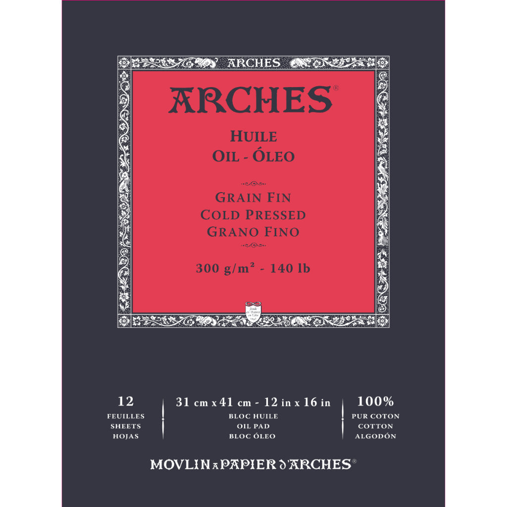 Arches Oil-Huile - 31Cm X 41Cm White Fine Grain/Cold Press 300 Gsm Paper - Short Side Glued Pad Of 12 Sheets