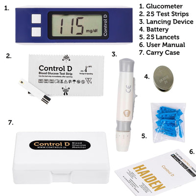 Control D Blue Meter Kit with 25 Single Foil Strips Glucometer (Blue)