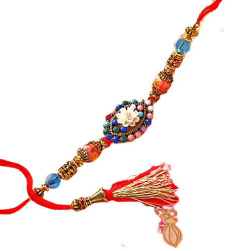 Floral Blue Beads Rakhi & Coffee Biscotti Hamper Combo