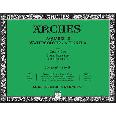 Arches Watercolour 300 Gsm Cold Pressed Natural White 20 X 26 Cm Paper Blocks- 20 Sheets