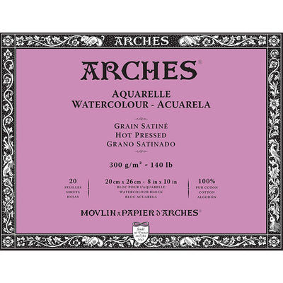 Arches Watercolour 300 Gsm Hot Pressed Natural White 20 X 26 Cm Paper Blocks- 20 Sheets