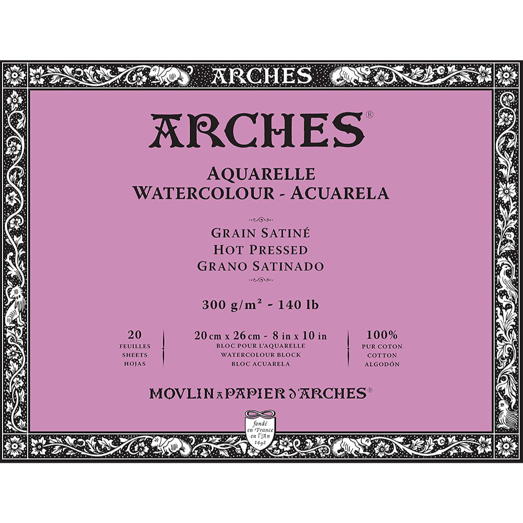 Arches Watercolour 300 Gsm Hot Pressed Natural White 20 X 26 Cm Paper Blocks- 20 Sheets