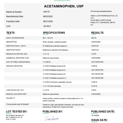 Acetaminophen (Paracetamol) USP API Powder for Custom Compounding (Rx)