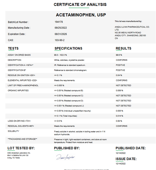 Acetaminophen (Paracetamol) USP API Powder for Custom Compounding (Rx)