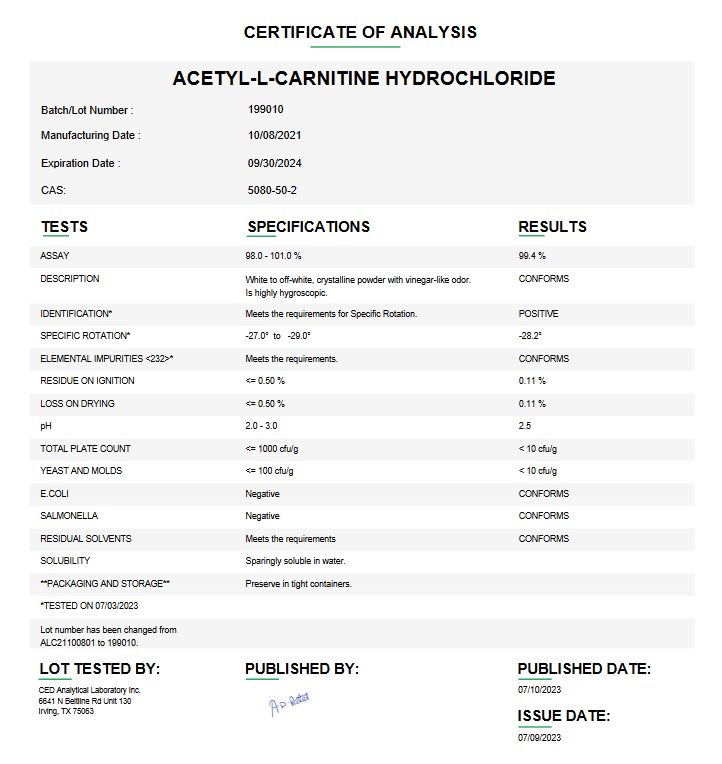 Acetyl-L-carnitine Hydrochloride USP For Compounding (API) (Rx)