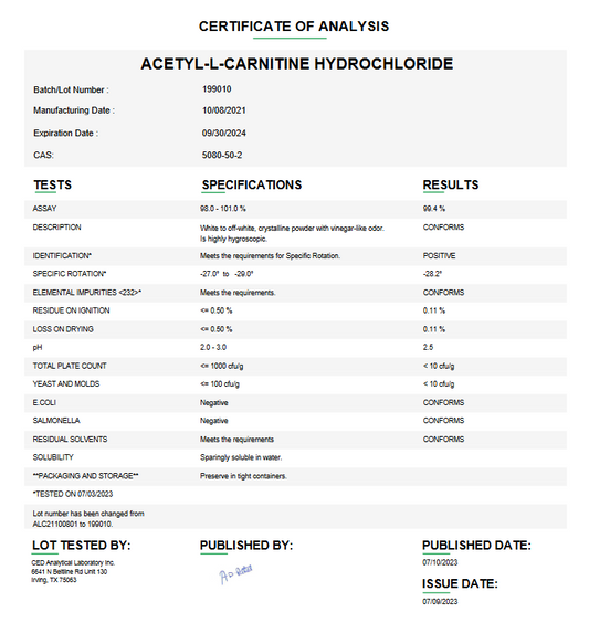 Acetyl-L-carnitine Hydrochloride USP For Compounding (API) (Rx)