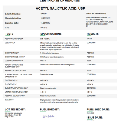 Acetyl Salicylic Acid API White Crystals Powder USP For Compounding (Rx)