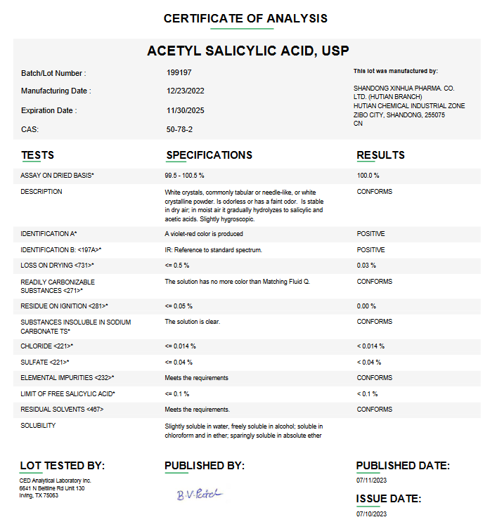 Acetyl Salicylic Acid API White Crystals Powder USP For Compounding (Rx)