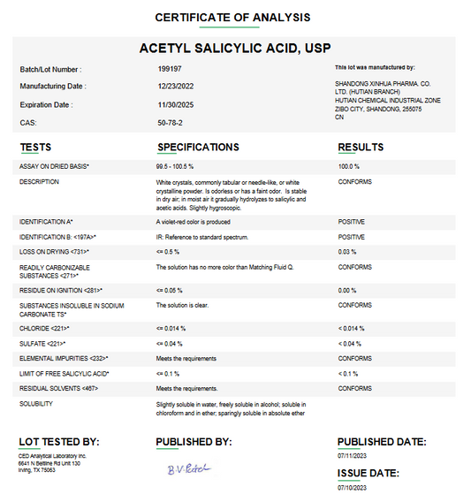 Acetyl Salicylic Acid API White Crystals Powder USP For Compounding (Rx)