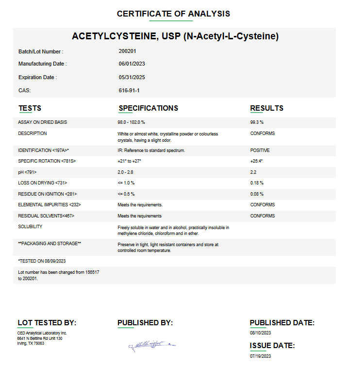 Acetylcysteine USP (N-Acetyl-L-Cysteine) For Compounding (API) (Rx)