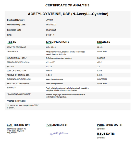 Acetylcysteine USP (N-Acetyl-L-Cysteine) For Compounding (API) (Rx)