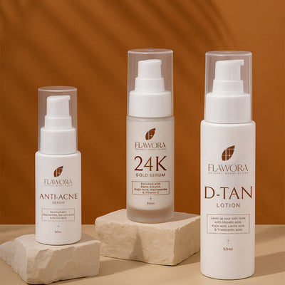 Flawora Anti-Grey Hair Serum, D-Tan Lotion and Gold Face Serum Combo