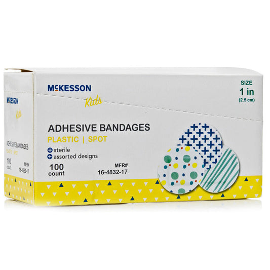 Adhesive Spot Bandages 1 inch Round (Assorted Prints), Sterile 100/Box