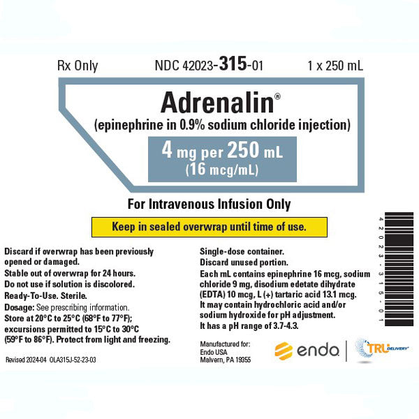 IV Bags, Adrenalin (Epinephrine in 0.9% Sodium Chloride Injection) IV Solution 4 mg Per 250 mL x 10/Case (RX)