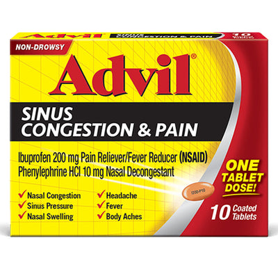 Advil Sinus Congestion and Pain Relief Medicine, Ibuprofen 200mg, (10 Count)