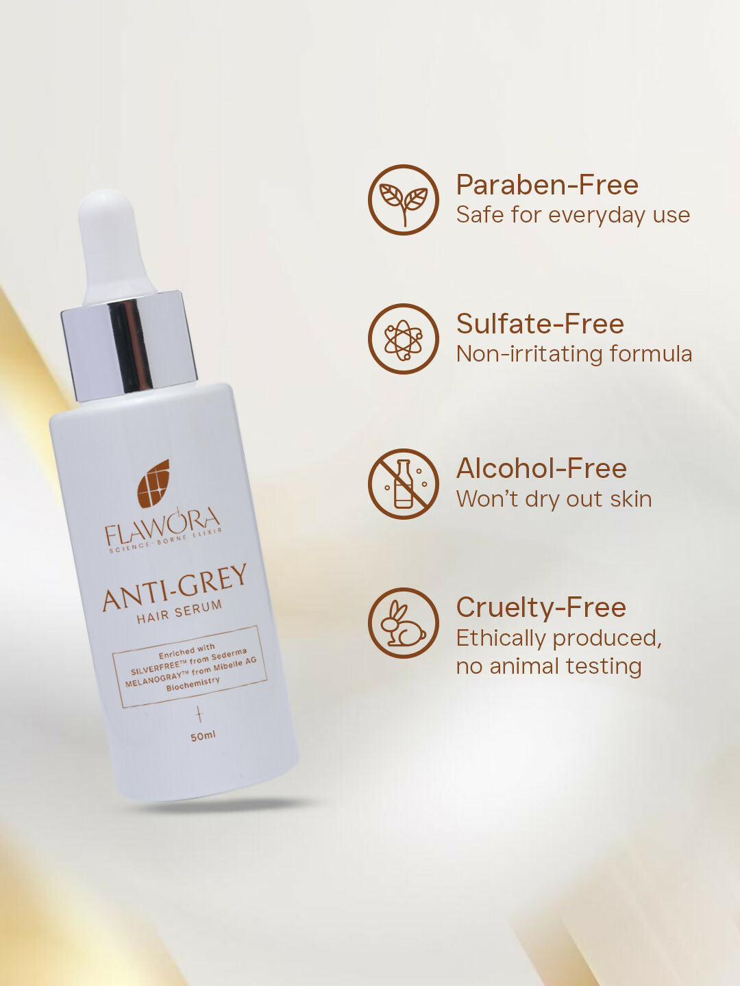Flawora Anti-Grey Hair Serum, Anti Acne Serum & Gold Face Serum Combo