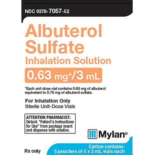 Albuterol Sulfate for Inhalation 0.63 mg Ampules 3 mL x 25/Box - Mylan (Rx)