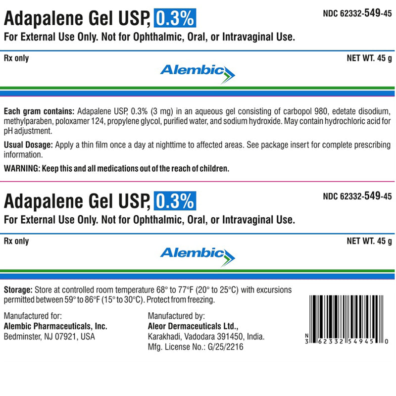 Alembic Adapalene Topical Gel 0.3% Acne Treatment 45 Gram Tube (Rx)