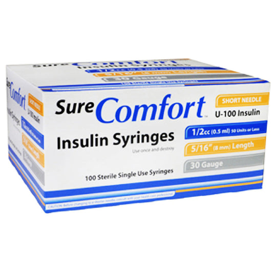 Insulin Syringes 30 g x 5/16" 0.5 mL, Sterile by Sure Comfort 100/Box