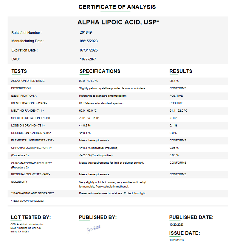 Alpha-lipoic Acid USP For Compounding (API) [Dietary Supplement] (Rx)
