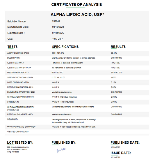 Alpha-lipoic Acid USP For Compounding (API) [Dietary Supplement] (Rx)