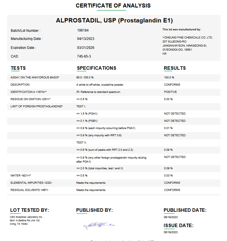 Alprostadil USP (Prostaglandin E1) For Compounding (API) (Rx)  ** Refrigerated**