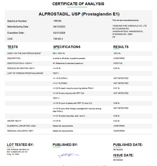Alprostadil USP (Prostaglandin E1) For Compounding (API) (Rx)  ** Refrigerated**