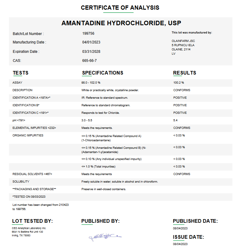Amantadine Hydrochloride USP For Compounding (API) (Rx)