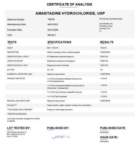 Amantadine Hydrochloride USP For Compounding (API) (Rx)