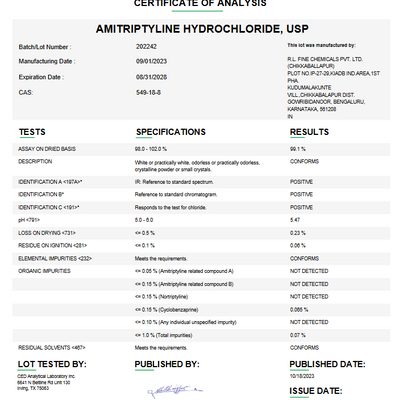 Amitriptyline Hydrochloride USP For Compounding (API)  (Rx)