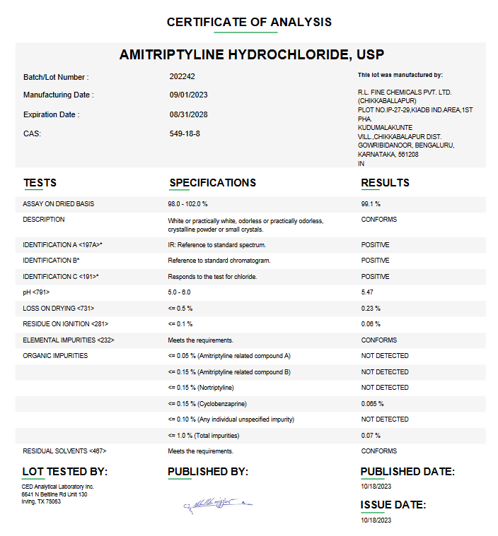 Amitriptyline Hydrochloride USP For Compounding (API)  (Rx)
