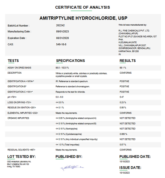 Amitriptyline Hydrochloride USP For Compounding (API)  (Rx)