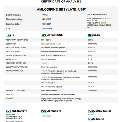 Amlodipine Besylate USP For Compounding (API) (Rx)