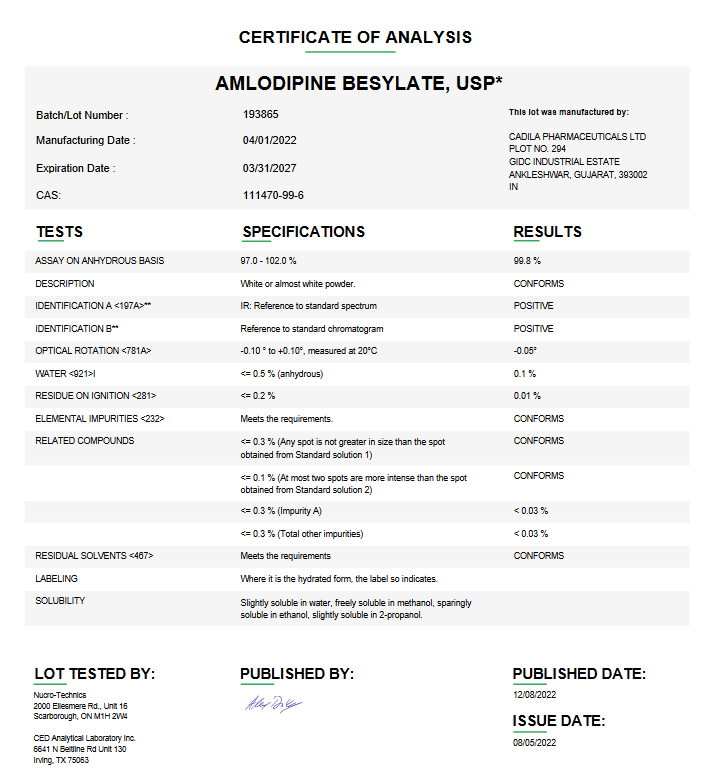 Amlodipine Besylate USP For Compounding (API) (Rx)