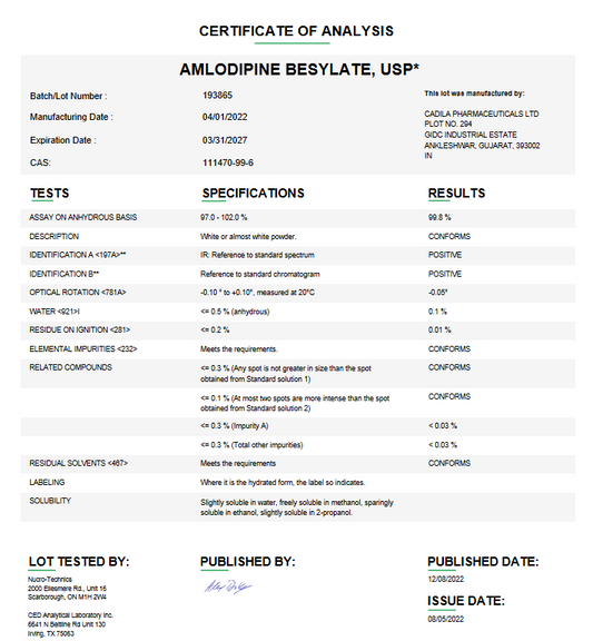 Amlodipine Besylate USP For Compounding (API) (Rx)