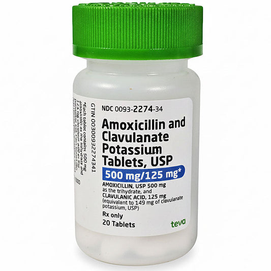 Amoxicillin and Clavulanate Potassium 500 mg/125 mg Tablets 20/Bottle (Rx)