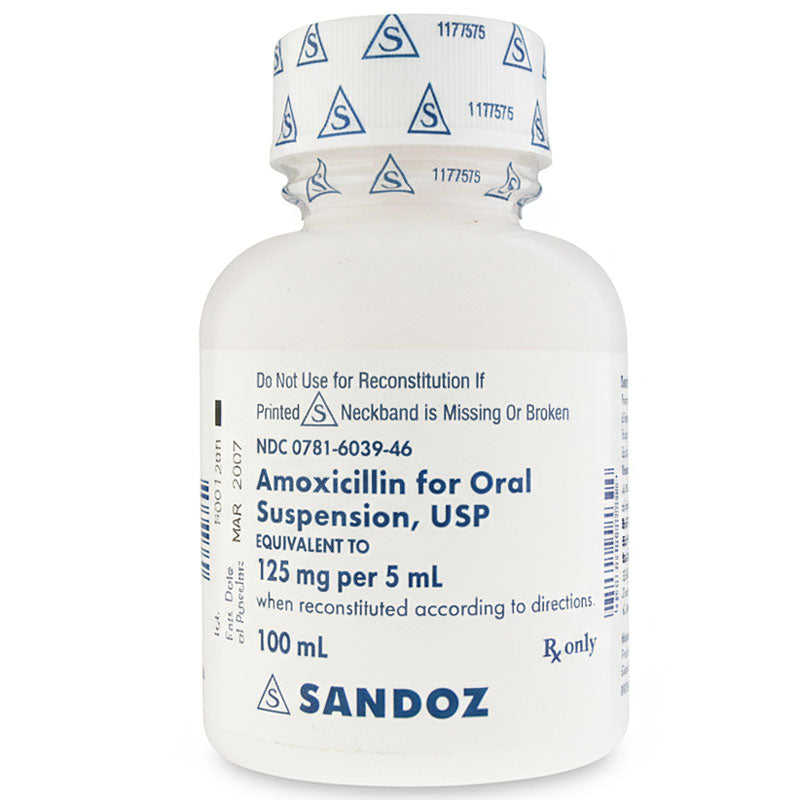 Amoxicillin Oral Suspension Liquid 125 mg per 5 mL Pediatric Infant & Childrens Antibiotic 100 mL by Sandoz (RX)