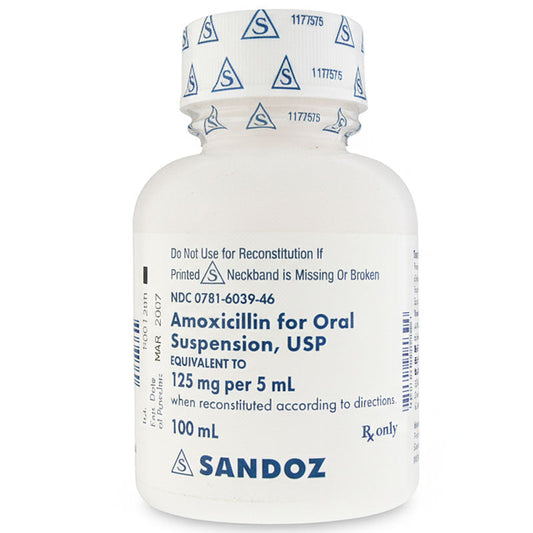 Amoxicillin Oral Suspension Liquid 125 mg per 5 mL Pediatric Infant & Childrens Antibiotic 100 mL by Sandoz (RX)